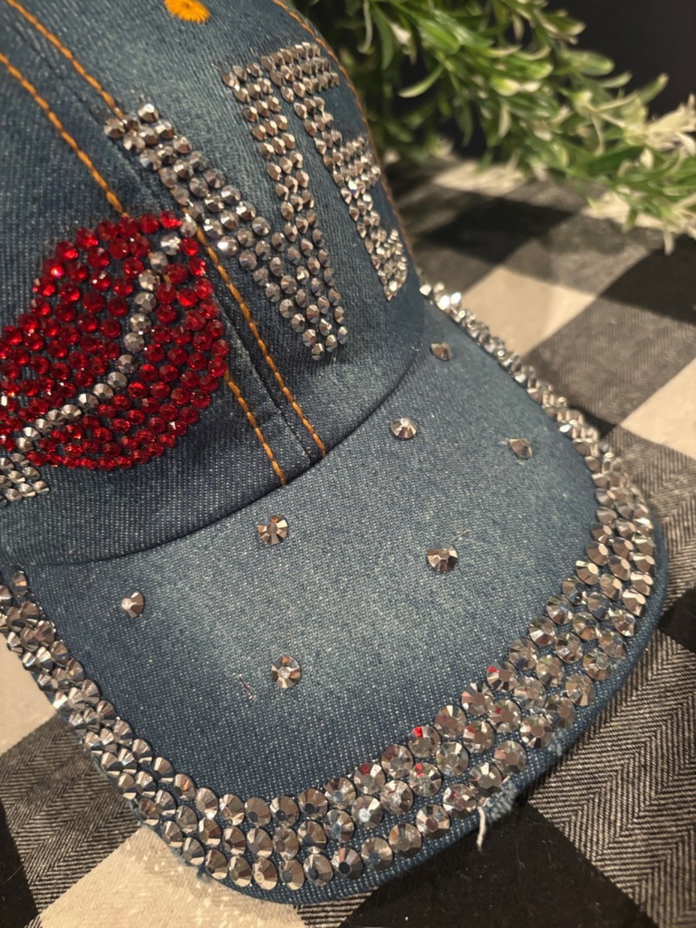 Rhinestone Denim 'LOVE' Cap with Red Lip Detail - Picture 8 of 8